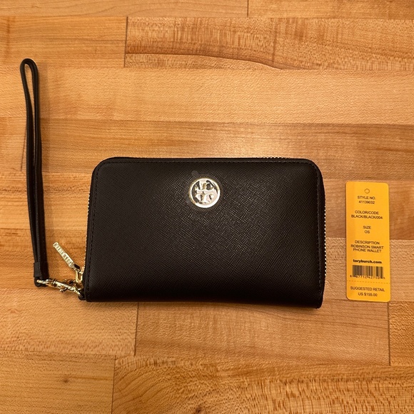 NWT Tory Burch Robinson Smart Phone Wallet in black textured leather w/gold hrdw - Picture 1 of 11